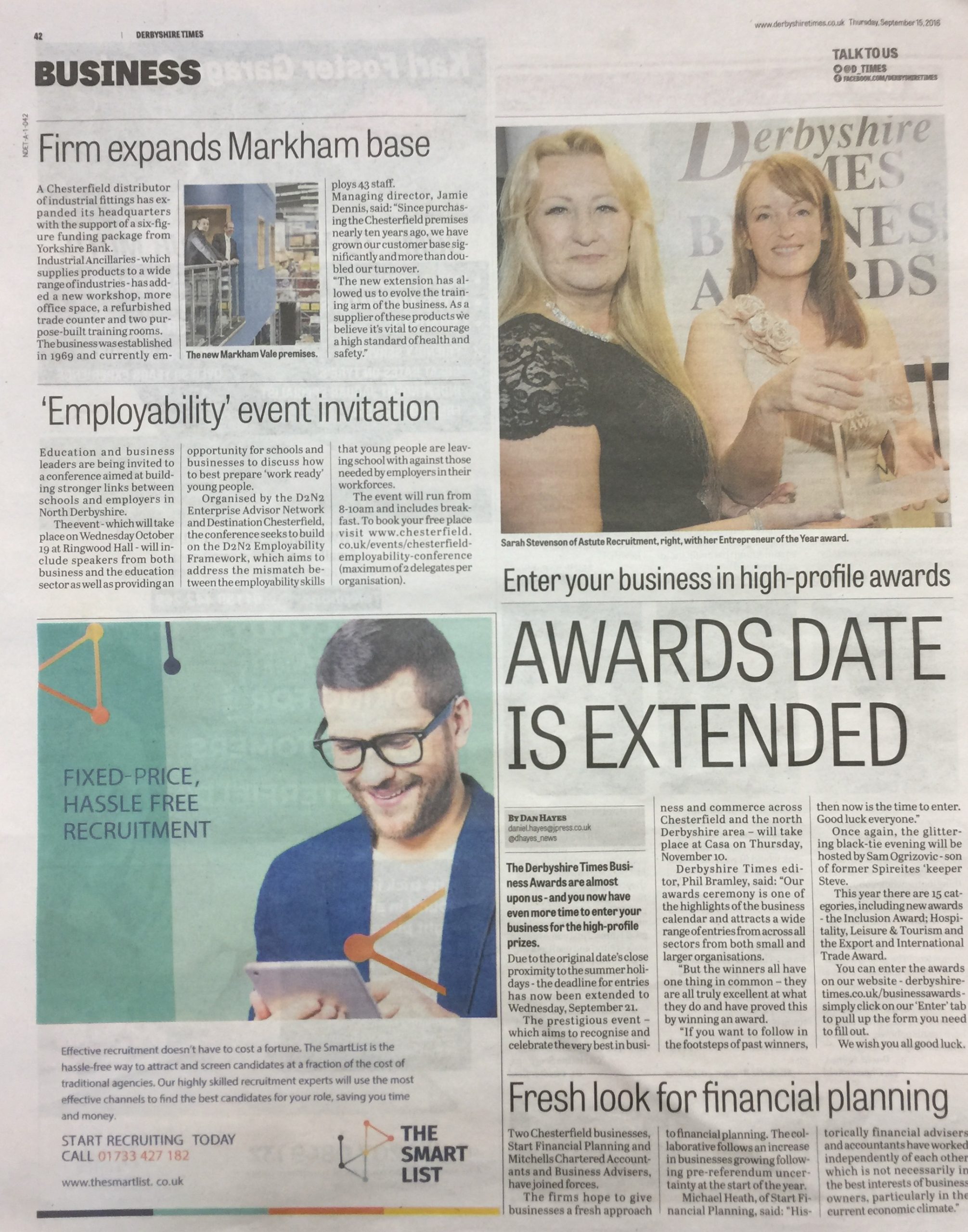 Article promoting this years Derbyshire Times Business Awards with a great photo of Sarah receiving her award last year!